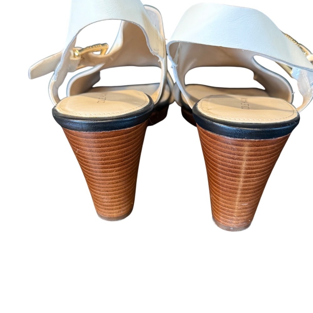 Cole Haan Womens White Leather Slingback Wedge Sandals Gold Buckle Peep Toe 9.5 - Picture 3 of 7